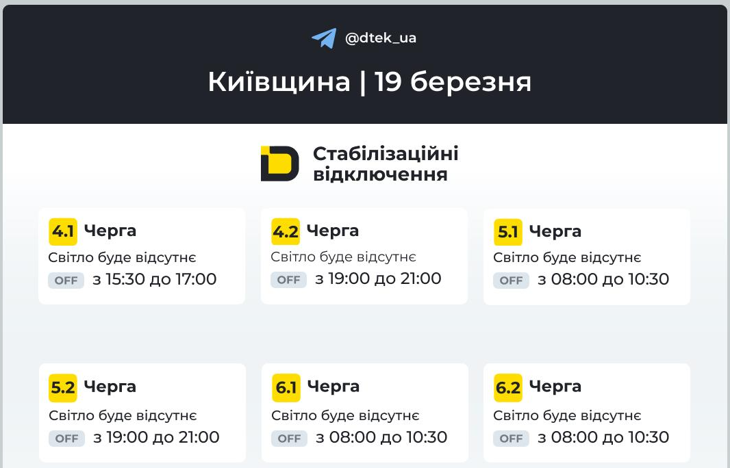 Графіки відключень світла на Київщині 19 березня 2026