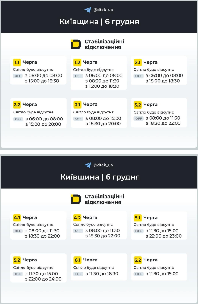 Power Outage Schedules in the Kyiv Region on December 6 