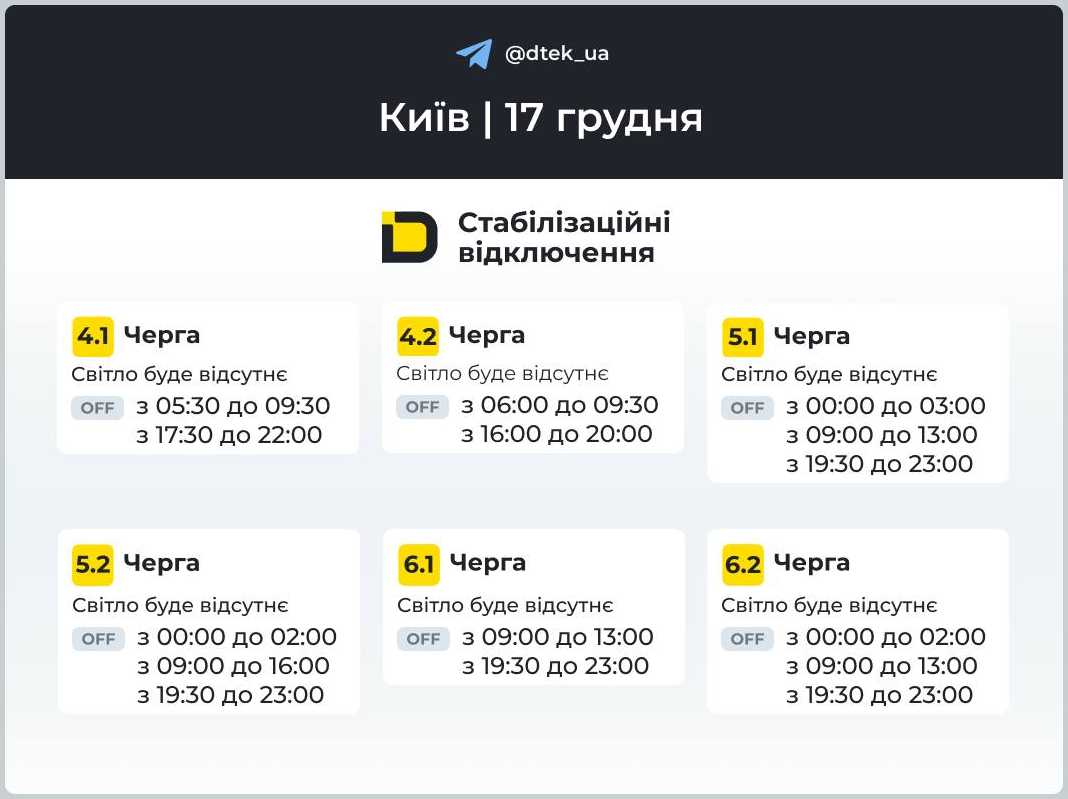 График стабилизационных отключений в Киеве