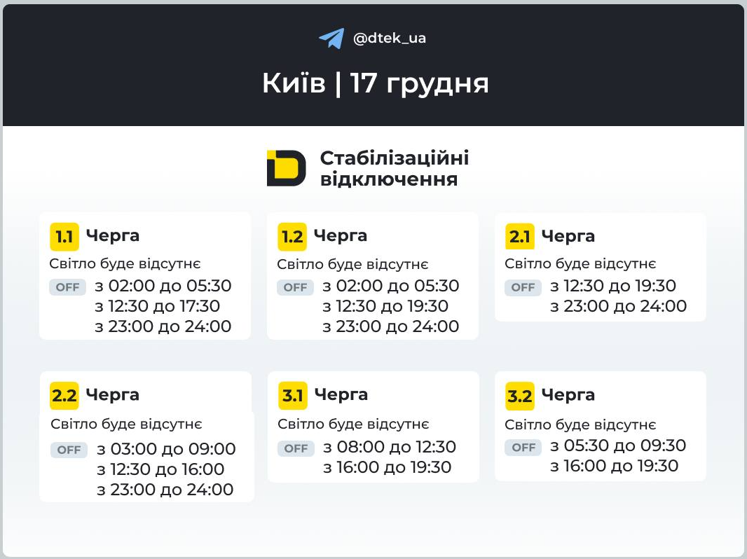Отключение света в Киеве 17 декабря