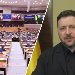 Зеленский выступает в Европарламенте на фоне флага России