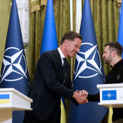 Люди демонстрируют карту Украины на фоне флага НАТО