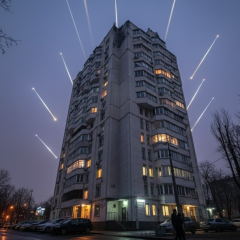 Пошкоджена багатоповерхівка в нічному Києві