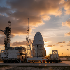 Илон Маск и ракета SpaceX на фоне Луны