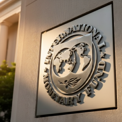Логотип МВФ на тлі грошових купюр