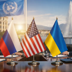 Логотип МАГАТЕ и флаги США, России и Китая