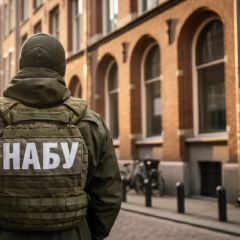 Логотип НАБУ и САП на фоне судебного здания