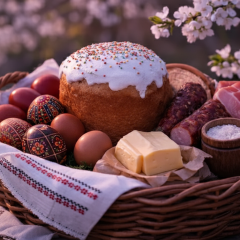 Великодній кошик зі свічками і крашанками