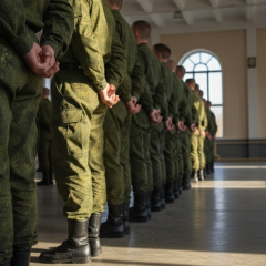 Российские военнослужащие на фоне логотипа Военной Службы Внешней Разведки