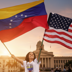 Флаг США та Венесуели на фасаді посольства