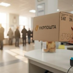 Логотип Укрпочты на фоне почтовой упаковки