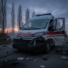 Автомобіль медслужби з пошкодженнями від атаки