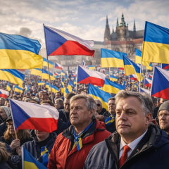 Флаги Чехии и Украины на фоне газопроводов