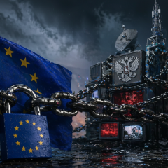 Логотип Европейского Союза и слова 'санкции против российских пропагандистских организаций'
