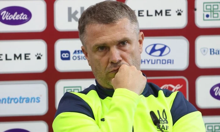 Serhiy Rebrov speaking at a press conference
