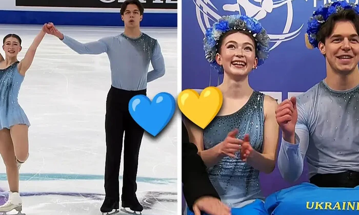 Ukrainian figure skaters on podium with bronze medals