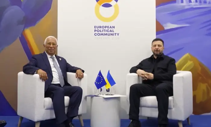 EU logo with Ukrainian flag in background