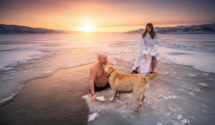 Юрій Ткач моржує, собака на березі