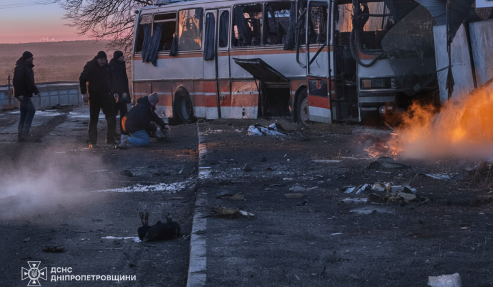 Bus with miners after the attack in Russia