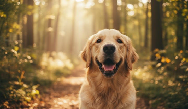 Golden Retriever against the backdrop of the factory