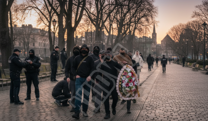 Men throwing funeral wreath at Women's March