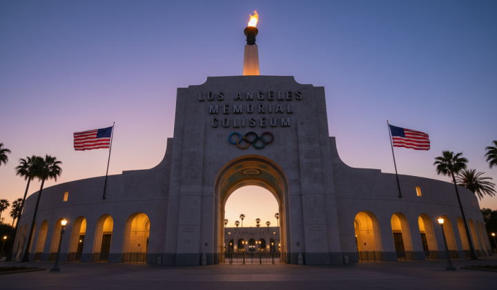 Olympics 2028 logo with background of US cities