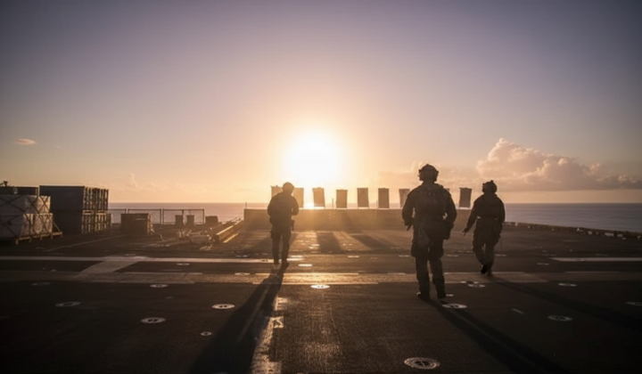 Military ships against the backdrop of an armed conflict