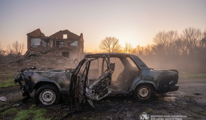 Destroyed house in Nikopol after the attack