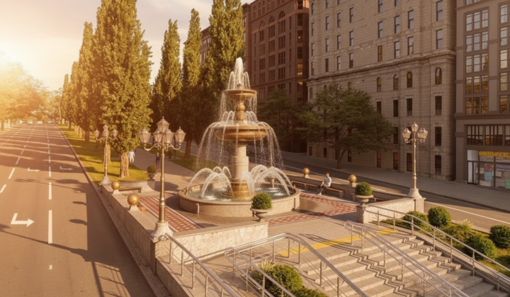 Modern square with fountain in Kyiv