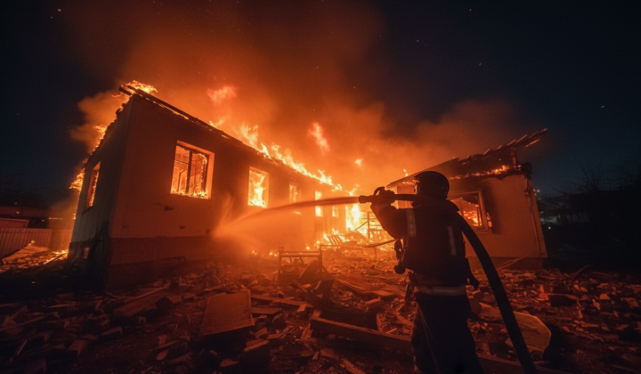 Damaged houses from night drone attack