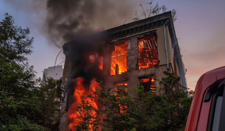 Fire in evacuated building in Kyiv