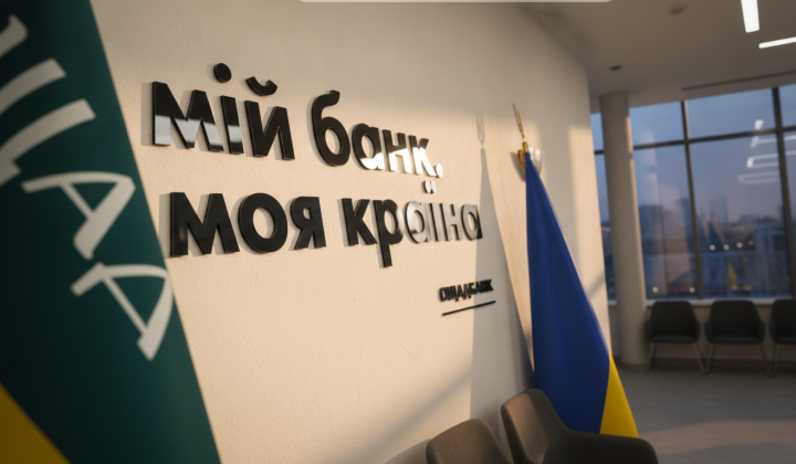 Логотип Ощадбанку на фоні грошових купюр